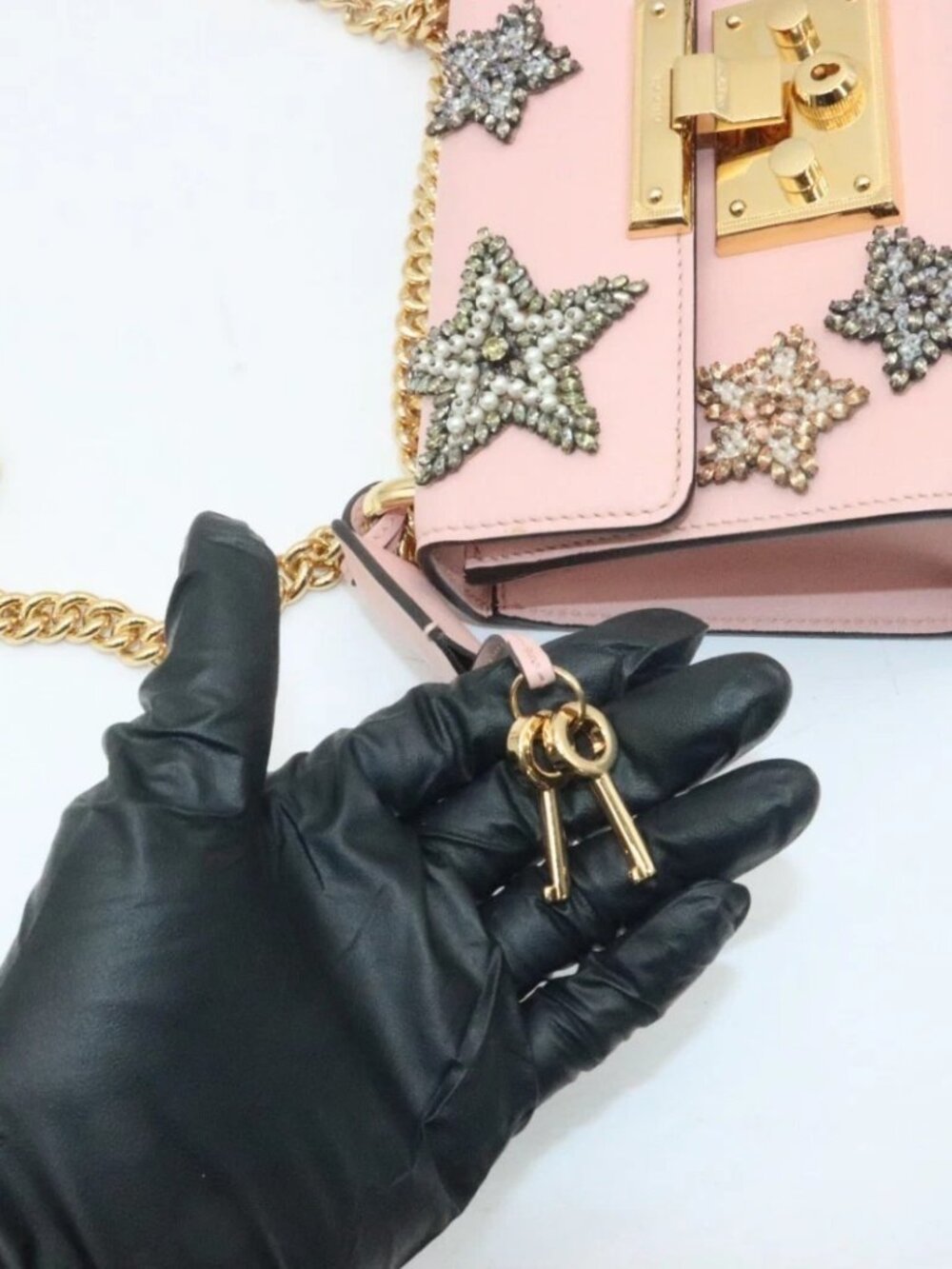 Gucci Calfskin Crystal Star Embroidered Padlock Shoulder Bag - Pink - Picture 7 of 16
